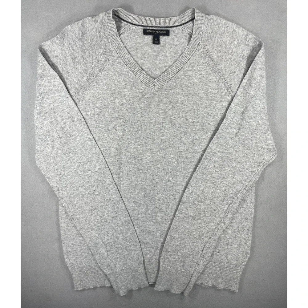 Banana Republic Mens Sweater V-Neck Light Gray Cotton Knit Size M